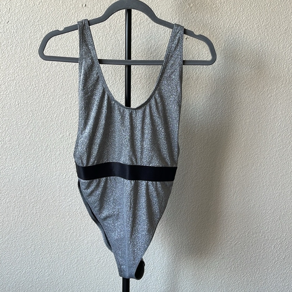 1400- Southbeach silver and black high leg cut swimsuit- US size 8
